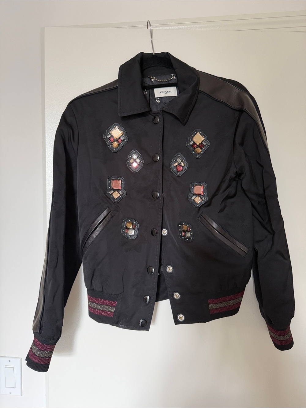 Coach Black Bomber Jacket with Jeweled Embellishments